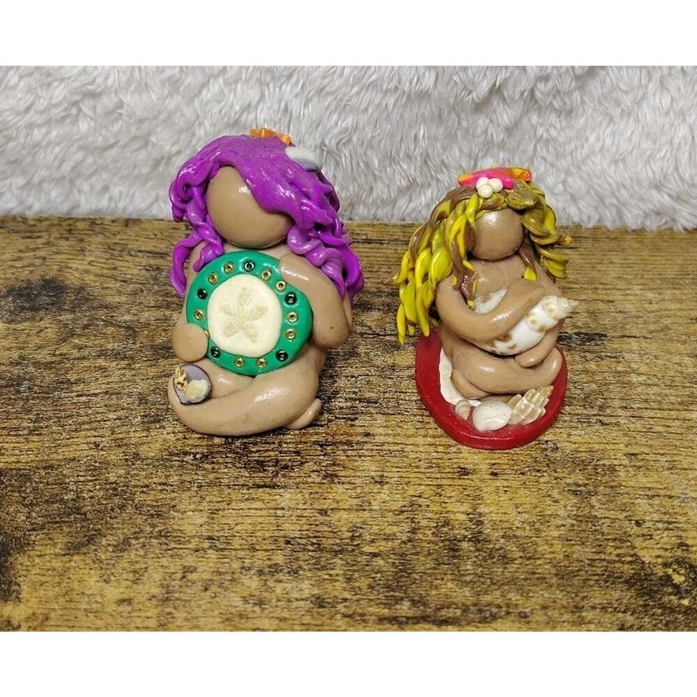 OOAK Sea Goddess Polymer Clay Figurines Shell Art Signed Stamped Ellie